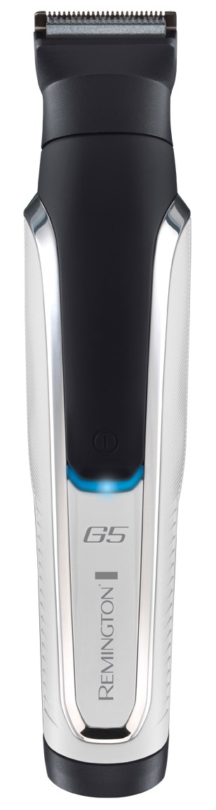 A black and silver electric hair trimmer with a clipper head and the label G5 REMINGTON.