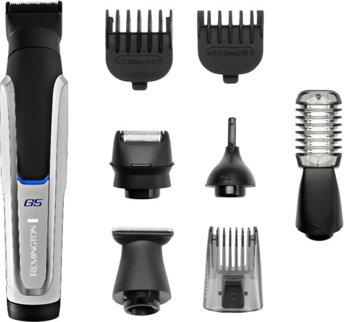 Electric trimmer with different comb attachments and a power cord. Suitable for grooming hair and beard.