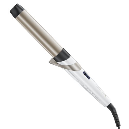 A curling iron with a digital display and a black handle.