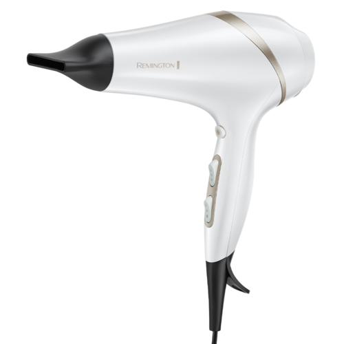 A white Remington hairdryer with black and gold accents, having buttons on the handle for control.