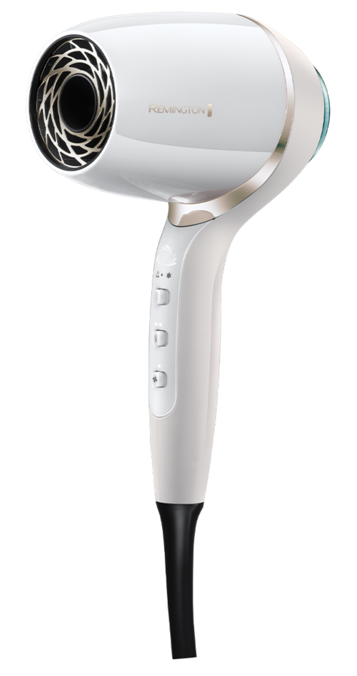 A white hand-held hair dryer with buttons on the handle and a black cord hanging down.