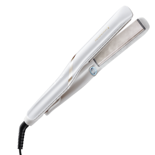 A white hair straightener with a black cord and a metal heating plate.