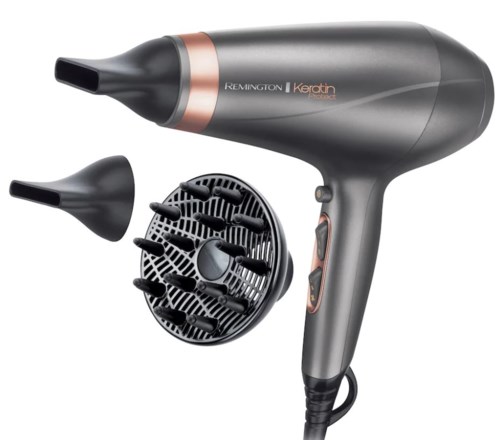 A grey and black hair dryer with gold accents, including two nozzles and a diffuser attachment.