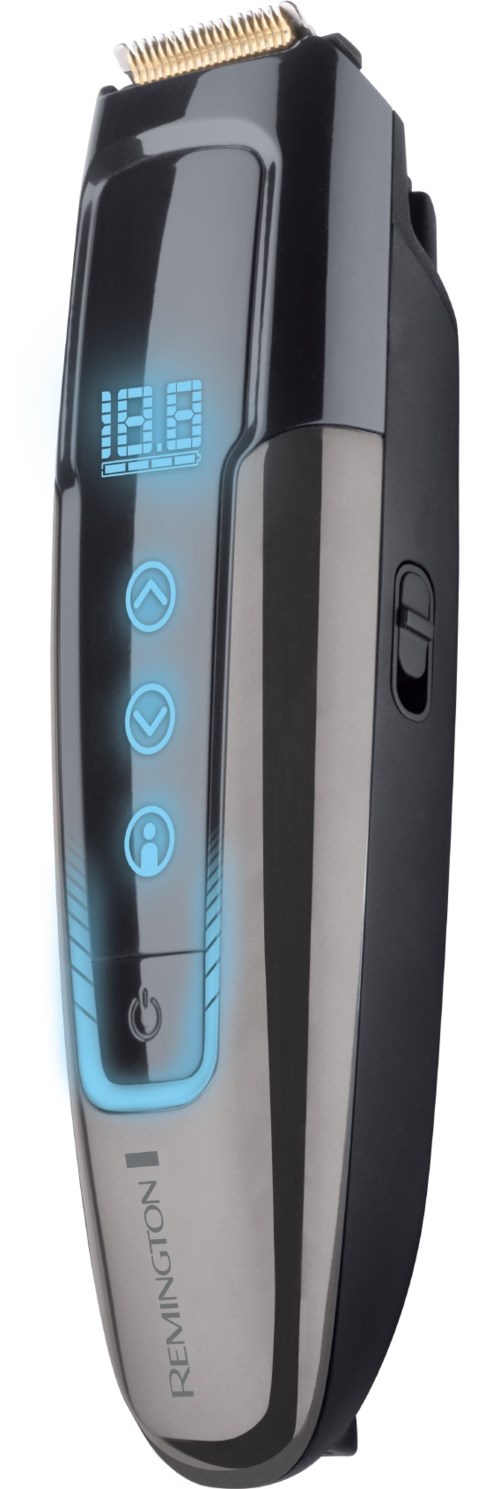Electric hair clipper with digital display and control buttons in black and silver. LED lights show settings.