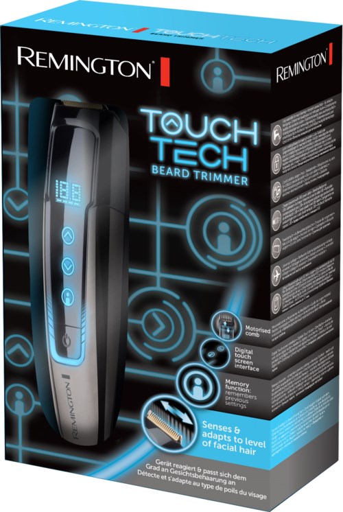 A boxed beard trimmer with digital controls and a touch screen interface, designed for grooming facial hair.