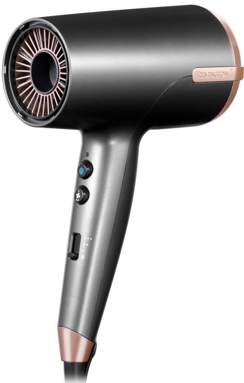 A sleek, modern hair dryer with black and rose gold accents, featuring buttons and a vent for hot air.
