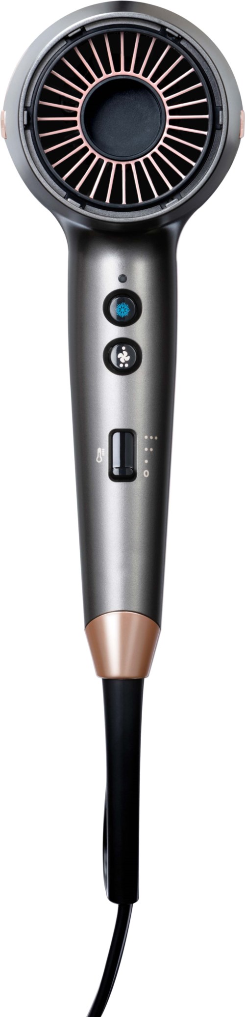 A black and silver hair dryer with a round air vent and control buttons on the handle.