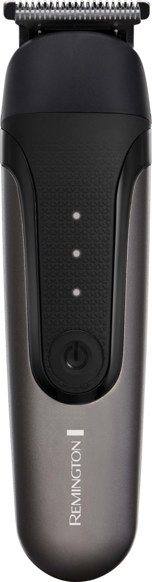 An electric hair trimmer with a black and silver body, three indicator lights, and adjustable cutting guard.