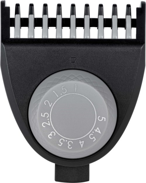 A hair clipper with a circular dial for adjusting cutting lengths from 1 to 5 millimeters.