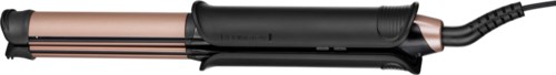 A curling wand with a black handle and a rose gold barrel, connected to a power cord.