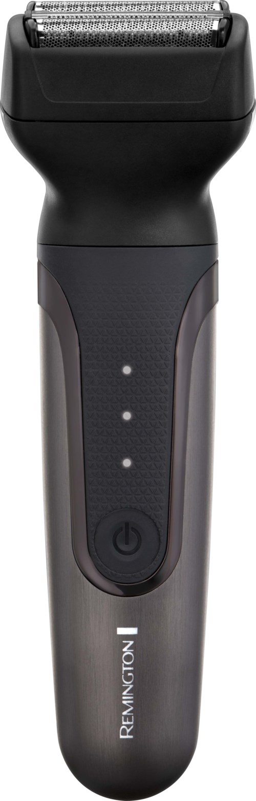 An electric shaver with a black and gray body, three indicator lights, and a circular power button.