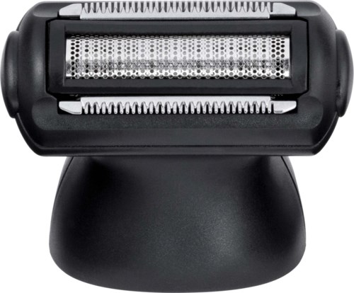 A black electric shaver with a foil shaving head and a curved handle on a stand.
