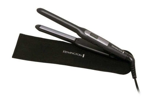 A black hair straightener with a silver control button, placed on a black branded cover.