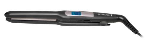 A black hair straightener with a small digital display showing temperature, and a textured handle.