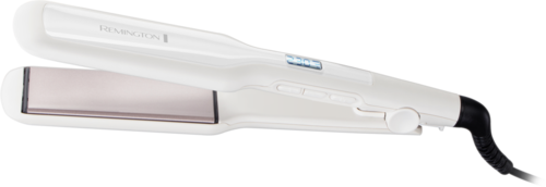 A white hair straightener with a black cord, a digital display, and buttons on the handle.