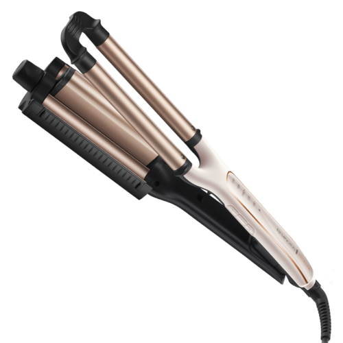 A hair curling iron with three barrels and a black handle, designed for styling hair.