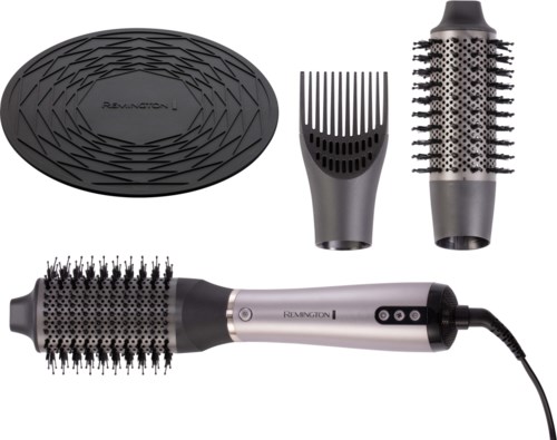 A set of hair styling tools with different brush attachments and a heated styling brush.