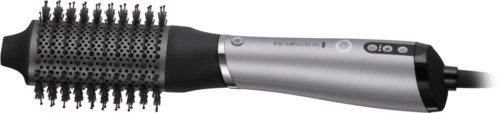 A curling iron with a silver handle and a black barrel, featuring multiple buttons and a digital display.