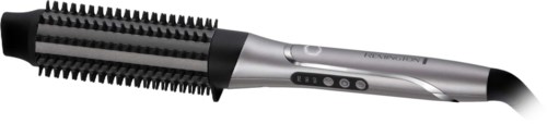 A hair styling tool with a handle and rotating brush head, used for curling or straightening hair.