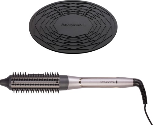 A round, black, textured ceramic hair styler with a silver handle and a power cord.