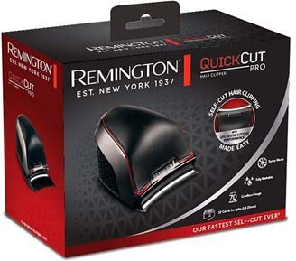 Een zwarte elektrische scheermes met rode details op een doos met 'Remington' en 'QuickCut Pro'.