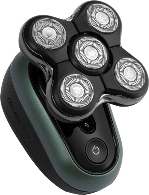 Electric shaver with five circular blades and control buttons on the handle.