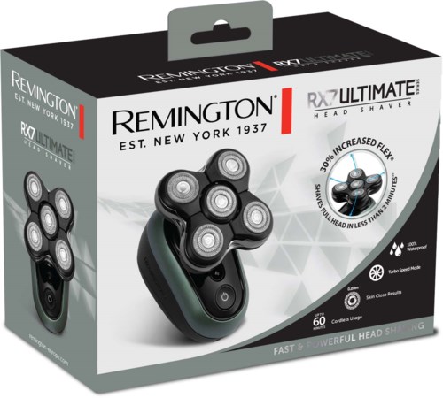A box shows a black electric shaver with five rotary blades, highlighting 30% increased flexibility, waterproof feature, and 60-minute cordless use.