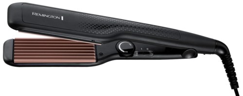 A black flat iron with a handle, heating plates, and a cord for styling hair.