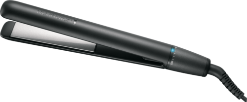 A black hair straightener with blue lights, cord attached, used for styling hair.