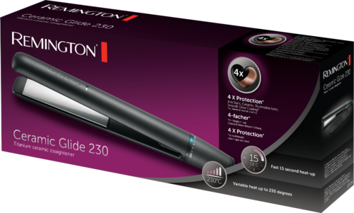 Remington ceramic styling tool with adjustable heat up to 230°C, quick heat-up in 15 seconds, and four protection features.