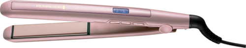 A pink hair straightener with a digital display and buttons, plugged in with a black cord.
