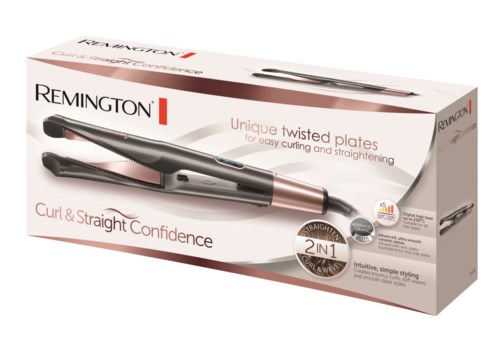 A box with a curling iron featuring twisted plates for easy styling, with text highlighting its 2-in-1 functionality.