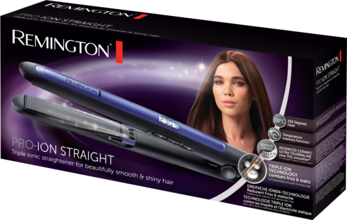 A box for a Remington hair straightener with a woman's face and product features listed.