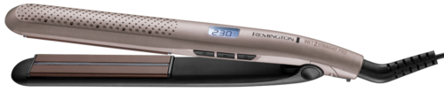A digital hair straightener with a display showing 230 degrees, mostly gray color, and a black power cord.