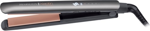 A hair straightener with a sleek grey handle and a pink ceramic plate, displaying digital temperature control.