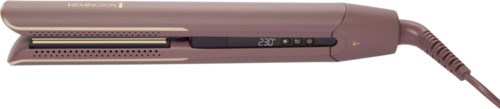 A rose gold flat iron with digital temperature display and buttons, connected to a power cord.