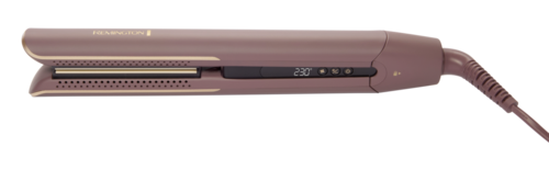 A flat, pink hair straightener with a digital display and black buttons.