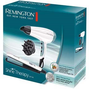 Remington Shine Therapy hårtork med vit och svart design, bas och munstycke, i blå förpackning.