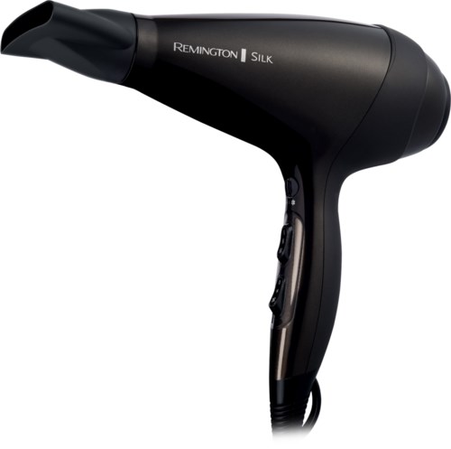 A black hair dryer with buttons on the handle and the brand name Remington Silk on the side.