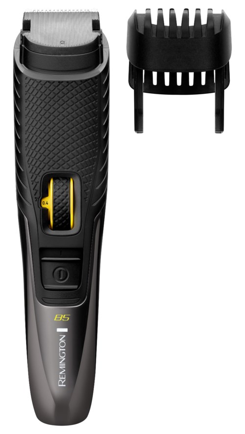 A black hair clipper with a yellow switch and a separate black attachment for trimming.
