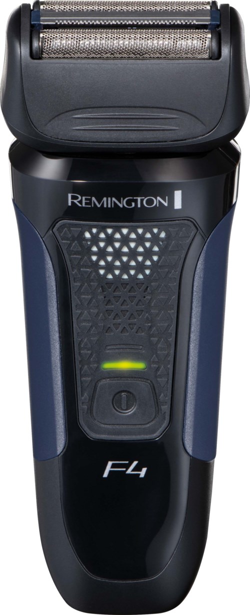 A Remington electric shaver with a black and blue handle, a shaving foil on top, and a small green indicator light.