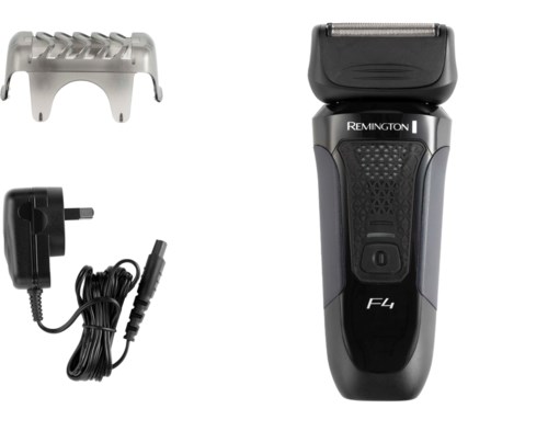Electric shaver with a cleaning and charging station and power cord.