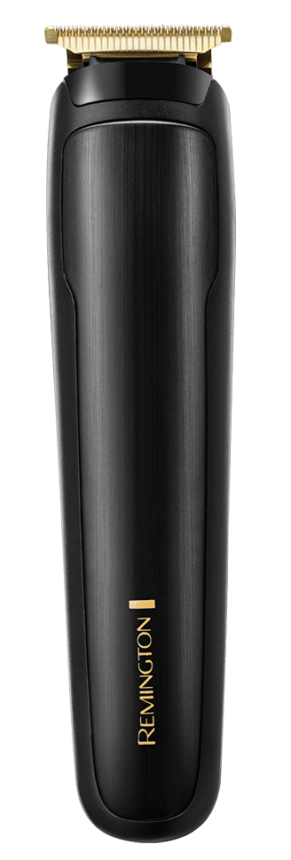 A black electric hair clipper with a gold blade, brand name Remington written vertically.