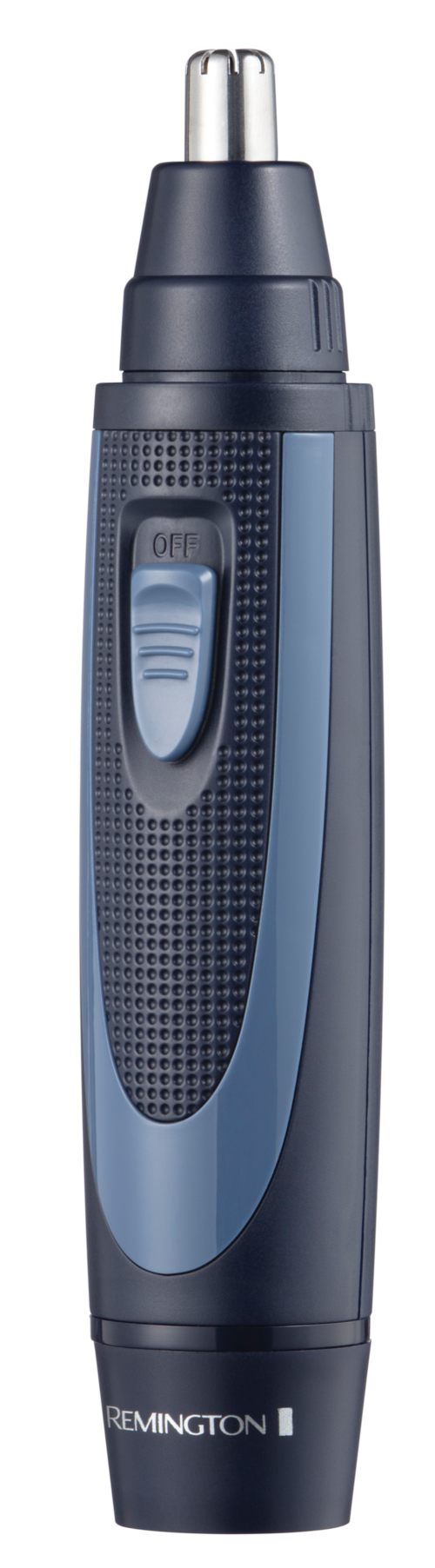 A black and blue electric nose hair trimmer with a slide switch on the body.