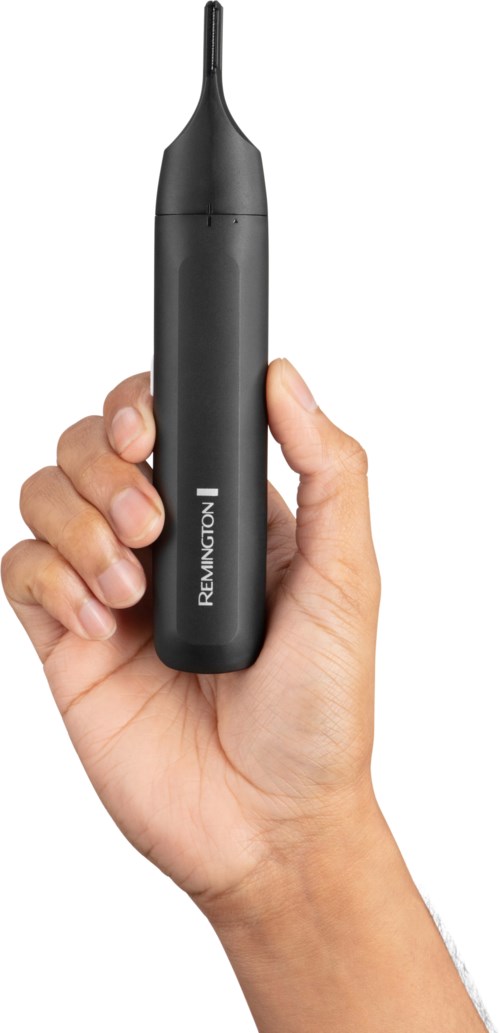A hand holding a small, black, battery-operated device with a narrow tip. It has a logo on the body.