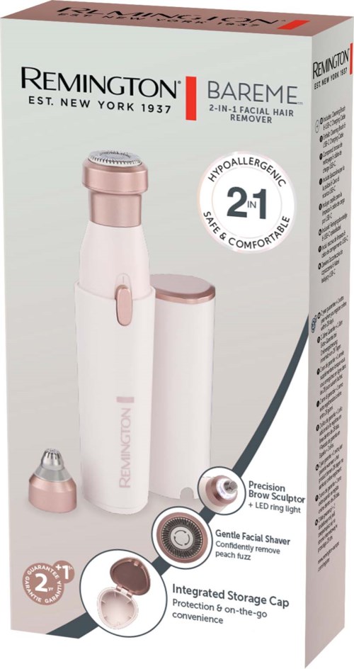 A box of a Remington BareMove hair removal device with two attachments for face and body, and a storage cap.