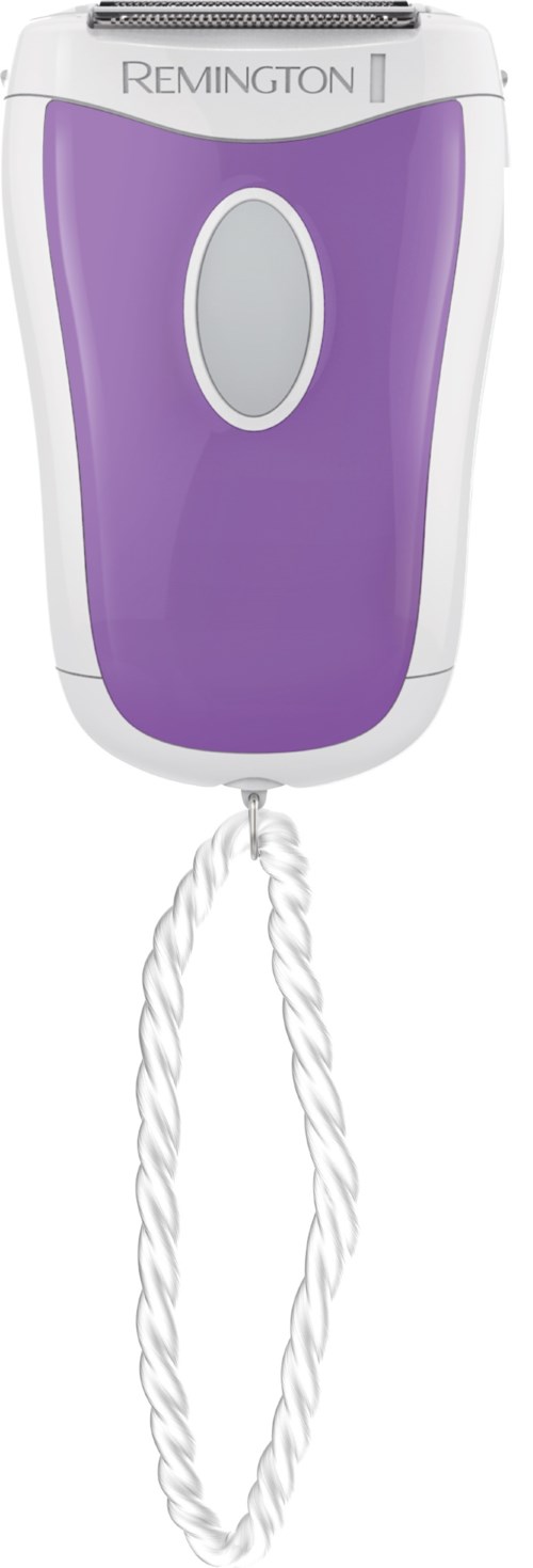 A purple and white Remington shaver with a cord hanging down from the handle.