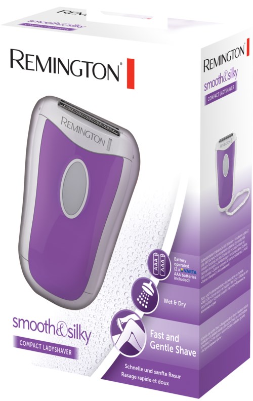 A purple and white Remington shaver box with product image and features listed.