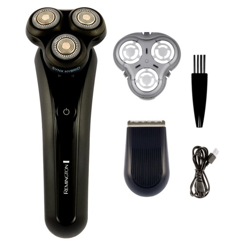 An electric shaver with three round blades, a replacement head, cleaning brush, cleaning station, and charging cable.