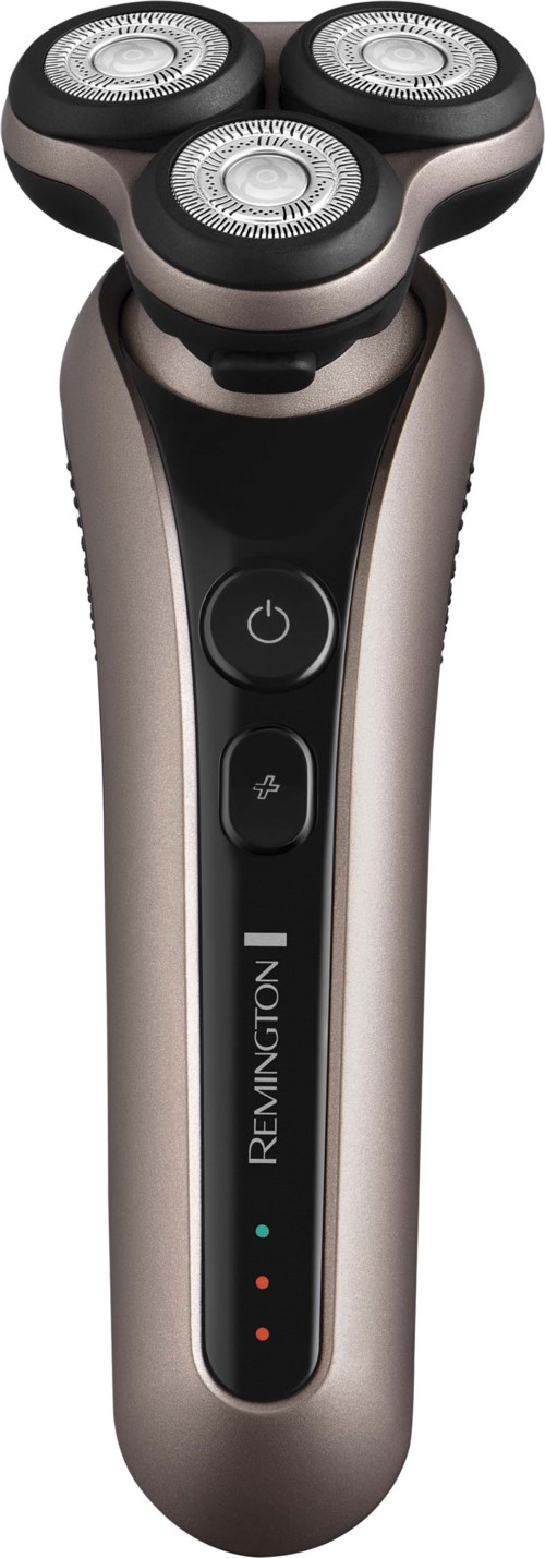 A shaver with three circular blades on top, two buttons on the handle, and LED lights at the bottom.
